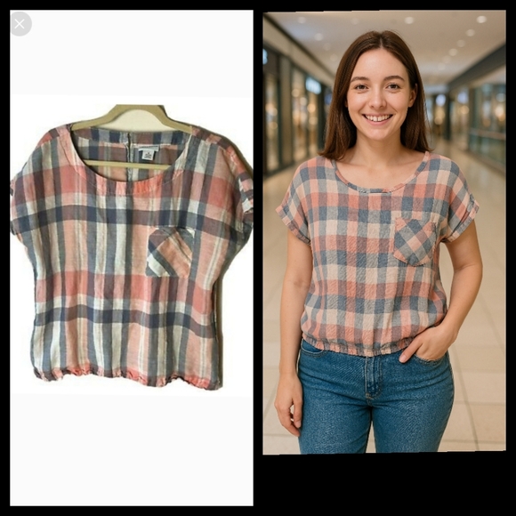 Neutral Check Print Linen Cotton Blend Gray White Peach Orange Top Size Large● - Picture 2 of 16